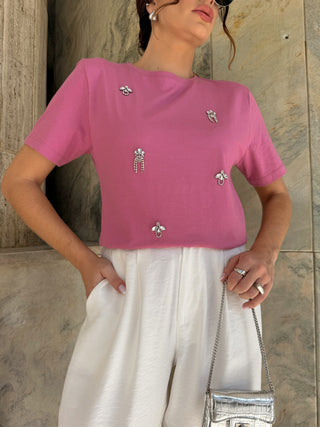Brazilian T-Shirt with Crystal Embellishments – Available in Black and Pink