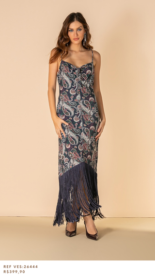 Midi Dress with Fringe, Boho Print, and Full Lining