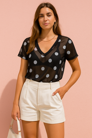 V-neck T-shirt in black microtulle with white polka dots