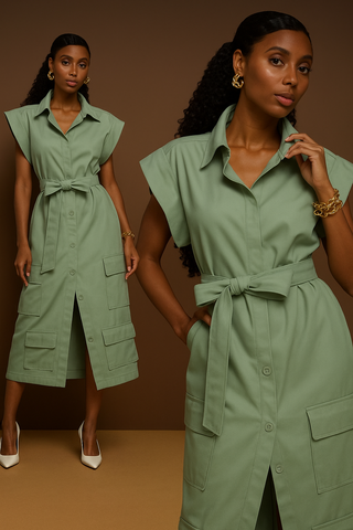 Strass Dress in Twill Viscose – Muscle Sleeves & Cargo Pockets