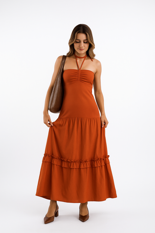 Long Dress in Twill Viscose with Layered Skirt