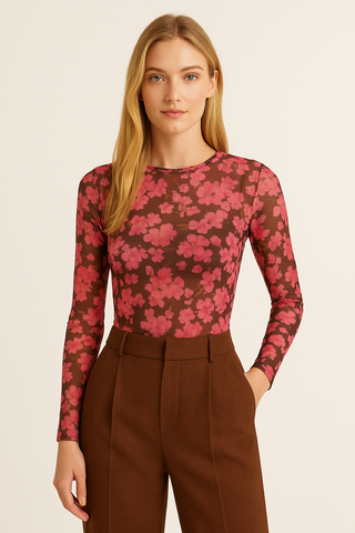 Mesh Long-Sleeve Top – Pink Floral Print