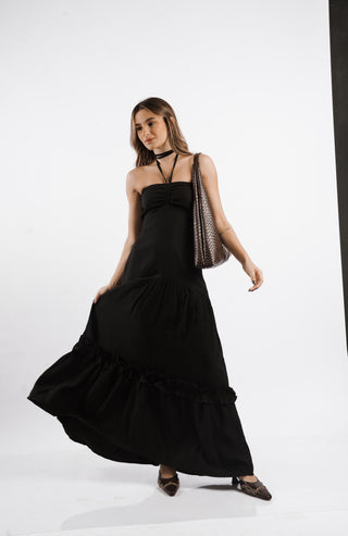 Long Dress in Twill Viscose with Layered Skirt