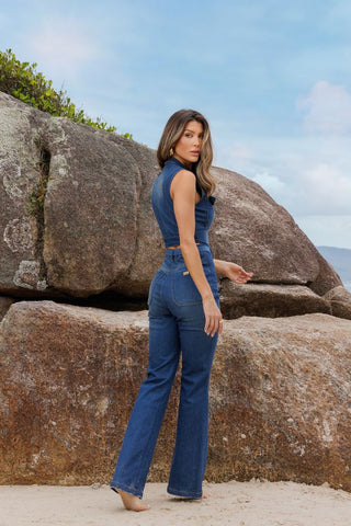 Brazilian Stretch Denim Jumpsuit with Back Cutout and Matching Belt