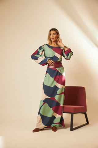 Long Dress with Princess Sleeves and Exclusive Print, Includes Resin-Fabric Tie