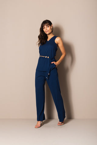 Brazilian Set – Navy Viscose Top and Wide-Leg Pants with Statement Belt