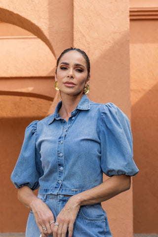Brazilian Puff-Sleeve Denim Shirt