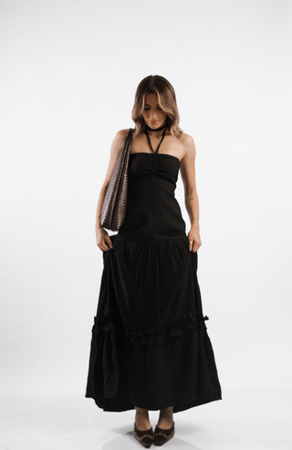 Long Dress in Twill Viscose with Layered Skirt