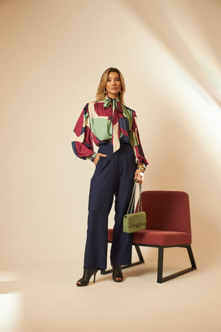 Satin-Touch Blouse with Exclusive Print, Front Tie and Elastic Cuffs