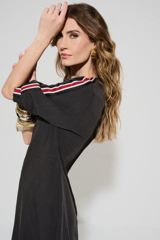 Trapeze-Cut Dress in Charcoal Gray with Sleeve Details