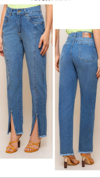 Mom Jeans with Front Seam Detail and Hem Slit in Classic Wash