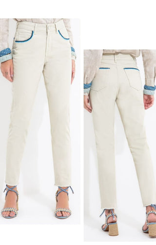 Natural Color Mom Jeans with Blue Embroidered Pocket Details