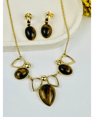 Tiger’s Eye Teardrop Necklace & Earring Set – 18K Gold-Plated