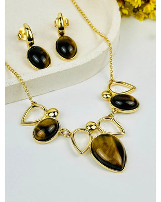 Tiger’s Eye Teardrop Necklace & Earring Set – 18K Gold-Plated