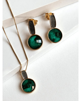 Round Necklace and Earring Set with Emerald – Gold Plated Semi-Jewelry