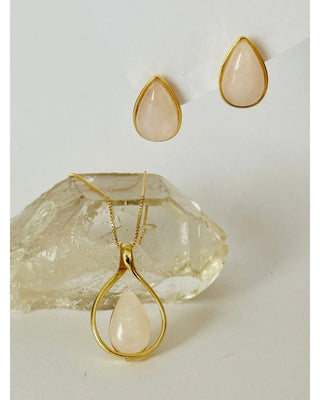 Necklace and Drop Earring Set with Rose Quartz and Openwork Detail – 18K Gold Plated