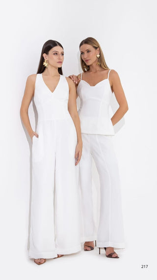 White Viscose Jumpsuit with V-Neckline and Corset-Style Cut
