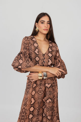 Long Snake Print Dress with Princess Sleeves