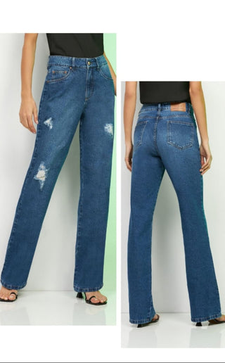 Wide-Leg Jeans with Ripped Details in Classic Blue Wash
