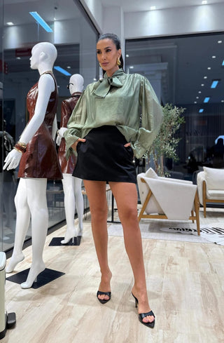 Satin Shirt with Puff Sleeves and Front Tie – Matching Top Included