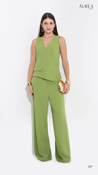 Viscose Jumpsuit with Vest-Style Top, Covered Buttons, and Wide-Leg Cut