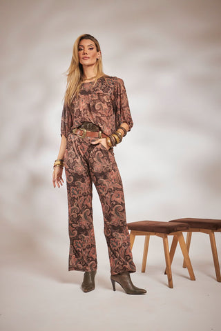Wide-Leg Pants in Microtulle with Exclusive Boho Print