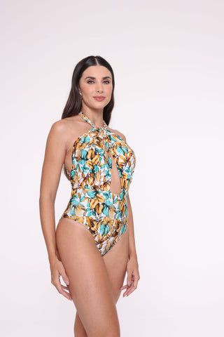 Brazilian Printed Swimsuit with Wrap Front and Braided Straps