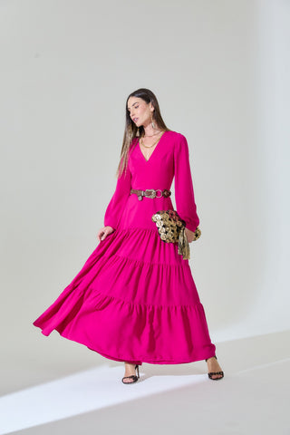 Long Pink Dress with Princess Sleeves, V-Neckline, and Back Zipper