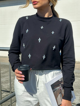 Long Cropped Sweatshirt with Rhinestone Embellishments