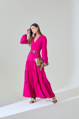 Long Pink Dress with Princess Sleeves, V-Neckline, and Back Zipper