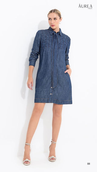 Short Denim Dress with Front Buttons, Elastic Details, and Collar