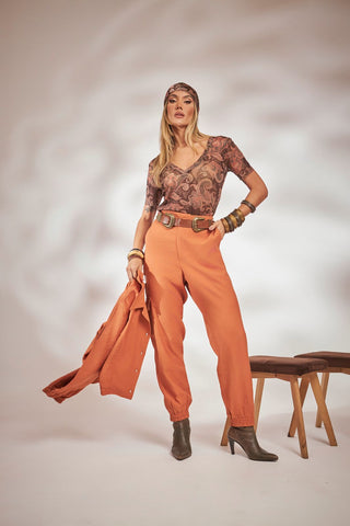 V-neck T-shirt in boho printed microtulle